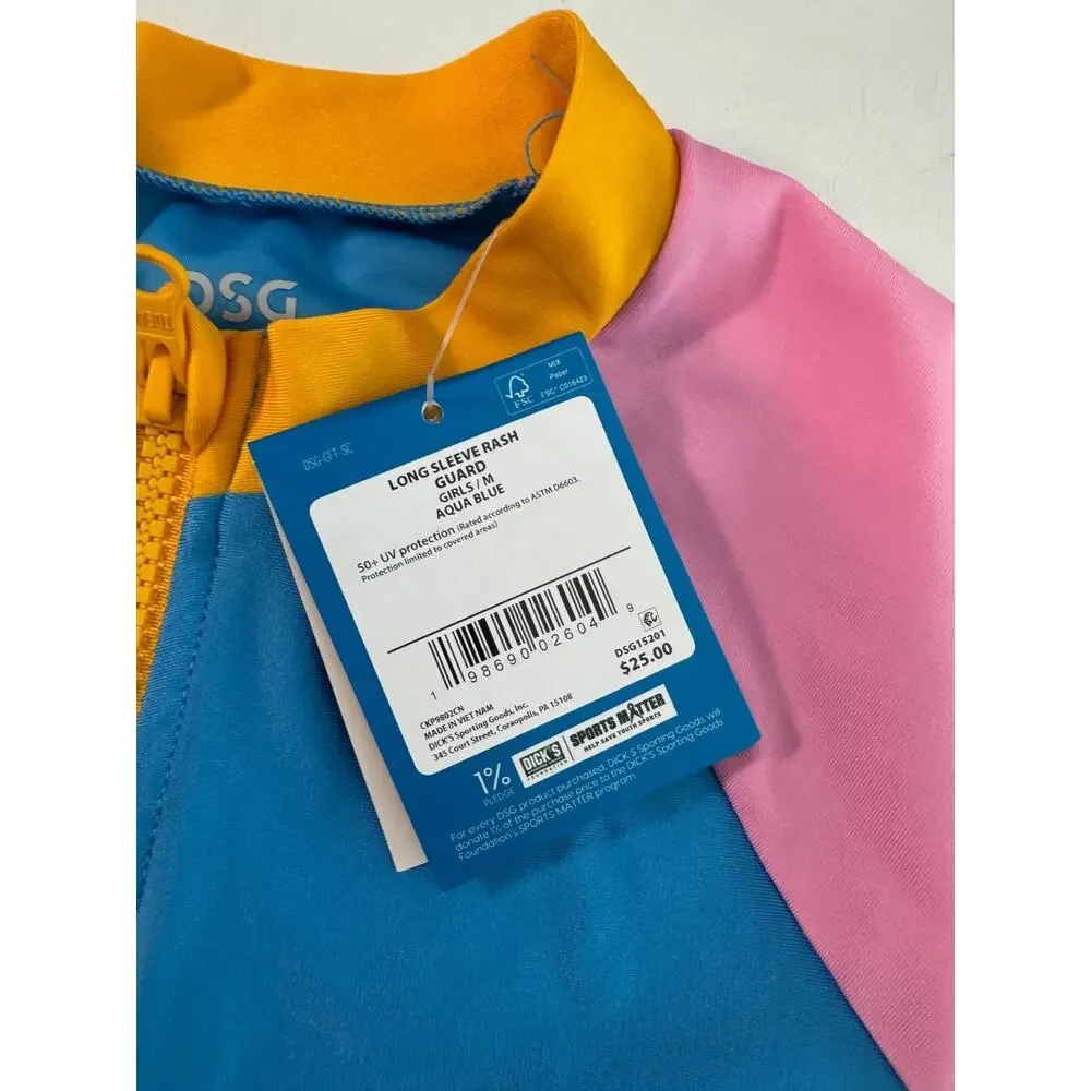 DSG Girls Long Sleeve Rash Guard Aqua Blue Pink Quarter Zip Swim Top Size M
